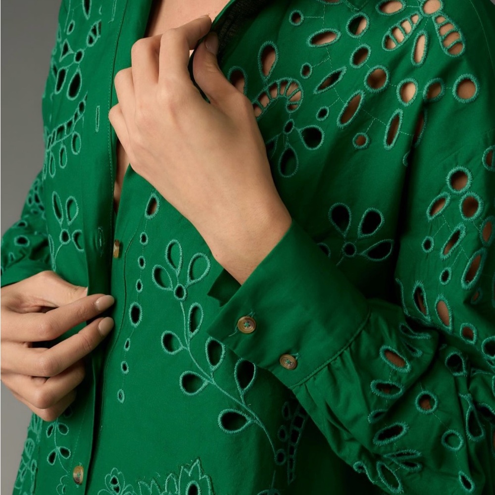 EUC By Anthropologie Green Eyelet Button Down Shirt Mini Dress - Picture 11 of 17